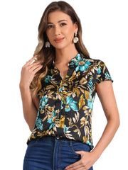 Satin Work Floral Vintage Stand Collar Cap Sleeve Blouse