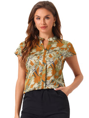 Satin Work Floral Vintage Stand Collar Cap Sleeve Blouse