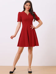 Elegant Short Puff Sleeve V Neck A-Line Zipper Side Office Dress
