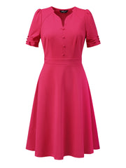 Elegant Short Puff Sleeve V Neck A-Line Zipper Side Office Dress