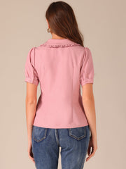 Chambray Shirt Peter Pan Collar Puff Sleeve Vintage Denim Blouse