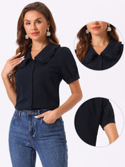 Chambray Shirt Peter Pan Collar Puff Sleeve Vintage Denim Blouse