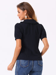 Chambray Shirt Peter Pan Collar Puff Sleeve Vintage Denim Blouse