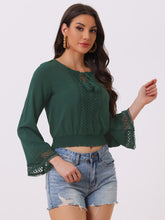 Boho Beach Blouse Bell Sleeve Lace Trim Tie Neck Peasant Smocked Top