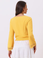 Boho Beach Blouse Bell Sleeve Lace Trim Tie Neck Peasant Smocked Top