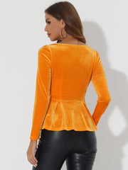 Velvet Blouse Elegant Sweetheart Neck Long Sleeve Peplum Top