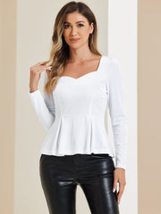 Velvet Blouse Elegant Sweetheart Neck Long Sleeve Peplum Top