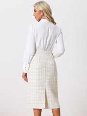 Plaid Tweed High Waist Work Office Bodycon Pencil Midi Skirt
