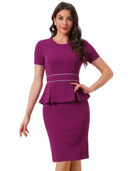 Peplum Pencil Crew Neck Short Sleeve Bodycon Elegant Sheath Dress