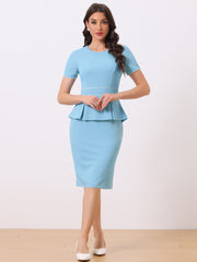 Peplum Pencil Crew Neck Short Sleeve Bodycon Elegant Sheath Dress
