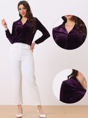 Velvet Blouse Collared Long Sleeve Button Down Shirt Top
