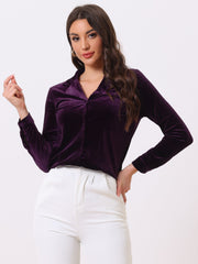 Velvet Blouse Collared Long Sleeve Button Down Shirt Top