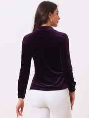 Velvet Blouse Collared Long Sleeve Button Down Shirt Top