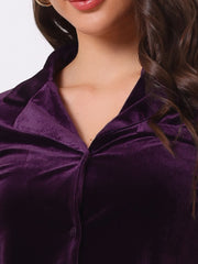 Velvet Blouse Collared Long Sleeve Button Down Shirt Top