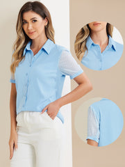 Button Down Shirt Sheer Short Sleeve Point Collar Work Tops