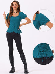 Sweetheart Neck Puff Short Sleeve Lace Up Gothic Blouse