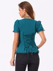 Sweetheart Neck Puff Short Sleeve Lace Up Gothic Blouse