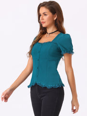 Sweetheart Neck Puff Short Sleeve Lace Up Gothic Blouse