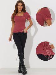 Sweetheart Neck Puff Short Sleeve Lace Up Gothic Blouse