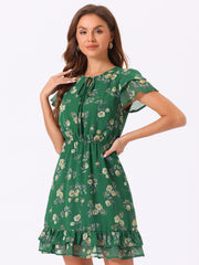 Ruffle Sleeve V Neck Above Knee A-Line Floral Chiffon Dress