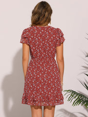 Ruffle Sleeve V Neck Above Knee A-Line Floral Chiffon Dress
