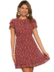 Ruffle Sleeve V Neck Above Knee A-Line Floral Chiffon Dress