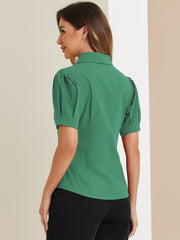 Puff Sleeve Collared Cotton Work Office Button Down Shirt