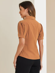Puff Sleeve Collared Cotton Work Office Button Down Shirt