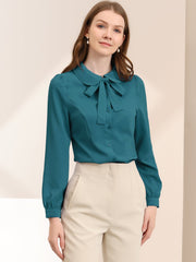 Peter Pan Collar Chiffon Bow Tie Neck Puff Sleeve Button Blouse