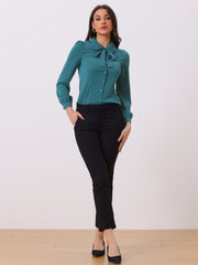 Peter Pan Collar Chiffon Bow Tie Neck Puff Sleeve Button Blouse