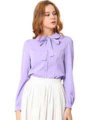 Peter Pan Collar Chiffon Bow Tie Neck Puff Sleeve Button Blouse