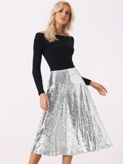 Sequin Sparkly High Waist Glitter Cocktail Party Midi Skirt