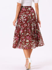 Chiffon Floral Printed Long Tiered Ruffle Boho Midi Skirt