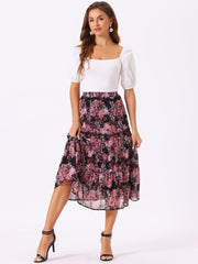 Chiffon Floral Printed Long Tiered Ruffle Boho Midi Skirt