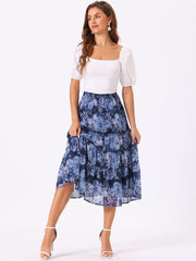 Ruffle Boho Chiffon Floral Printed Long Tiered Midi Skirt