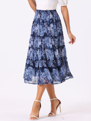 Ruffle Boho Chiffon Floral Printed Long Tiered Midi Skirt