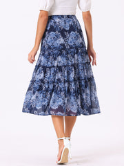 Ruffle Boho Chiffon Floral Printed Long Tiered Midi Skirt