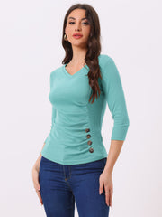 3/4 Sleeve Solid Knitted Button Decor Ruched Blouse