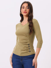 3/4 Sleeve Solid Knitted Button Decor Ruched Blouse
