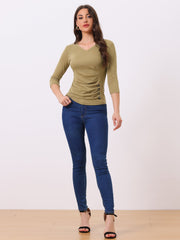 3/4 Sleeve Solid Knitted Button Decor Ruched Blouse