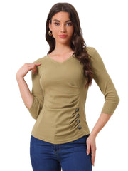 3/4 Sleeve Solid Knitted Button Decor Ruched Blouse
