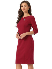 3/4 Sleeve Notch Neck Slim Fit Work Pencil Midi Dress