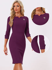 3/4 Sleeve Notch Neck Slim Fit Work Pencil Midi Dress