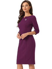 3/4 Sleeve Notch Neck Slim Fit Work Pencil Midi Dress
