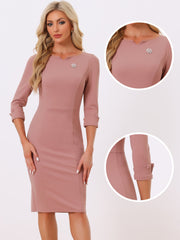 3/4 Sleeve Notch Neck Slim Fit Work Pencil Midi Dress