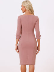 3/4 Sleeve Notch Neck Slim Fit Work Pencil Midi Dress