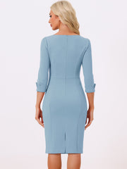 3/4 Sleeve Notch Neck Slim Fit Work Pencil Midi Dress