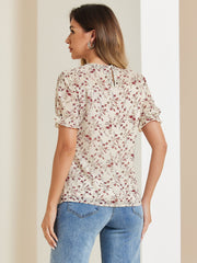 Chiffon Short Sleeve Ruffled Trim Floral Blouse Top
