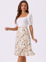 Floral Ruffle Elastic High Waist Button Flowy Split Midi Skirt