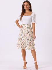 Floral Ruffle Elastic High Waist Button Flowy Split Midi Skirt